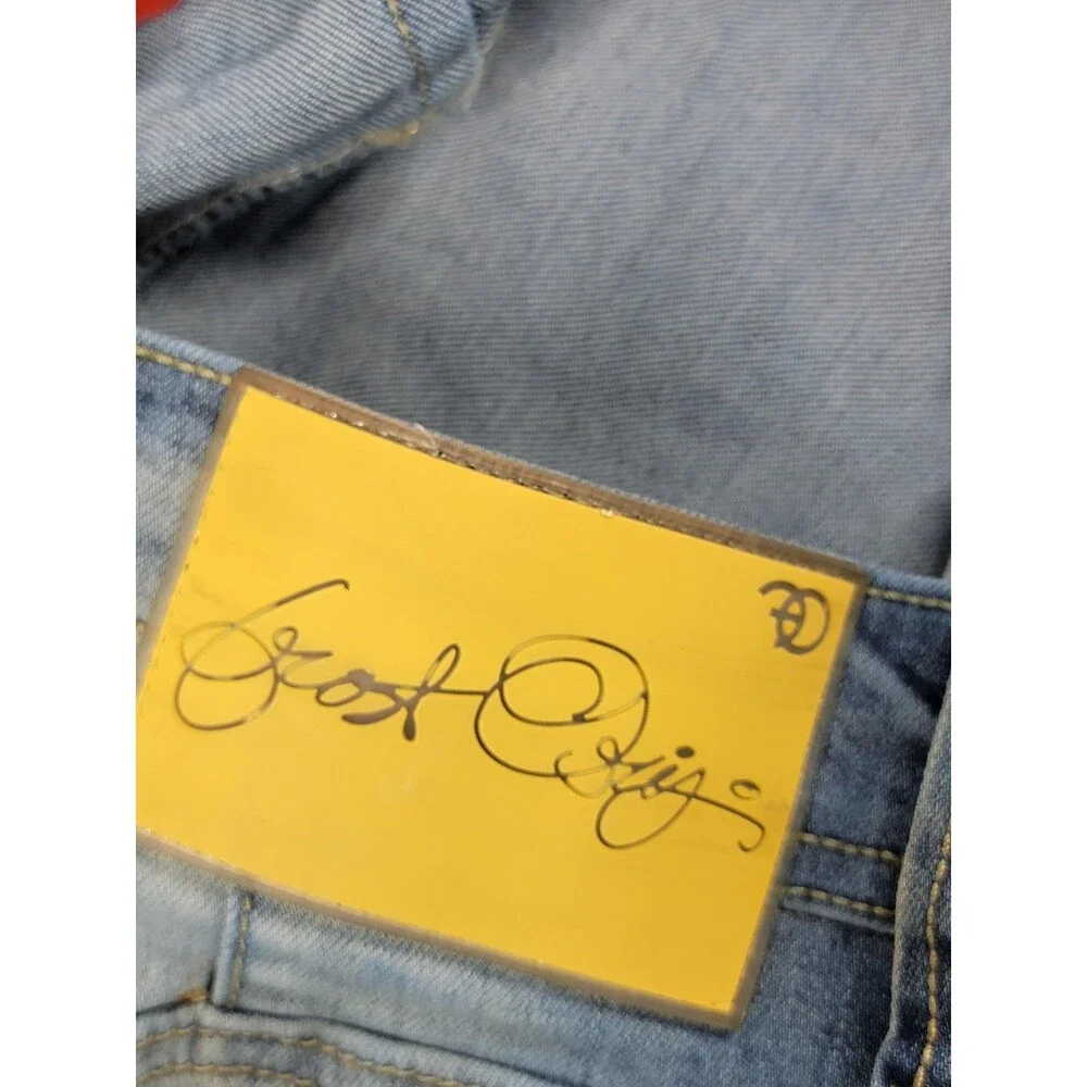 Frost Origin Shorts Mens 38 Blue Distressed Ripped Denim Yellow Patch Streetwear